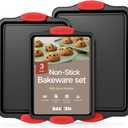 Baking Pan Set  3 Piece Cookie Sheet  Deluxe Black Non-Stick Carbon Steel  Silicone Handles  Commercial Grade Restaurant Quality  PFOA PFOS and PTFE Free by Bakken