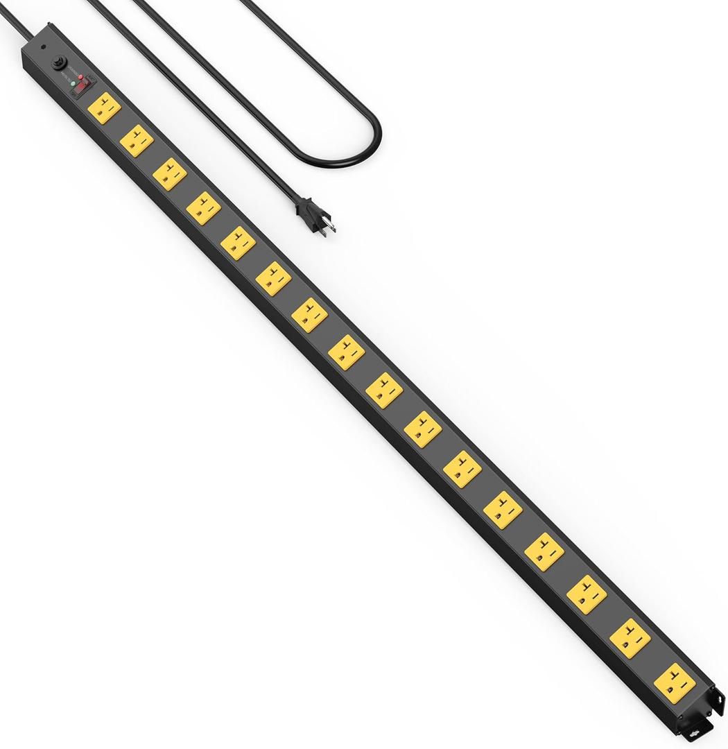 HHSOET 16 Outlet Long Power Strip, 4FT Heavy Duty Power Strip with 4800J Surge Protection, 20a Mountable Wide-Spaced Outlets for Home, Office, Garage & Workshop - ETL Certified (Yellow)