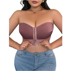 MakeMeChic Women's Plus Size Strapless Bras Front Closure Half Push Up Bra Bandeau Wireless Bralette for Large Bust (Brown), 4XL
