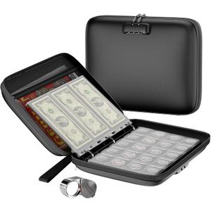 Coin Collection Album with Lock,350 Pockets Fireproof Hard Coin Collection Book&36 Sleeves Currency Collection Binder Storage for up to 45mm Coins(Quarter),Bill,Stamp,Postcard-Black