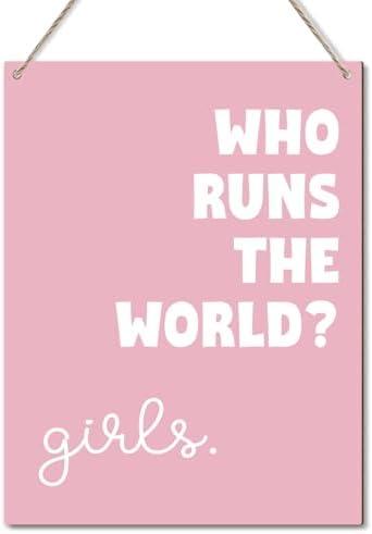 Who Runs the World Girls Wooden Wall Signs for Baby Girl Room Signs Pink Wall Decor for Girls Room Wall Art Sunshine Nursery Decor Door Hanging Signs for Girls Decor Bedroom Gifts for Daughters - Y379