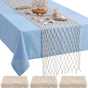 SATINIOR 3 Pcs Fish Net Party Decorations Fishing Net Table Runner 12*118'' Decorative Nautical Cotton Fishnet for Pirate Mermaid Hawaiian Luau Ocean Beach Under the Sea Themed Party Decor (Natural)