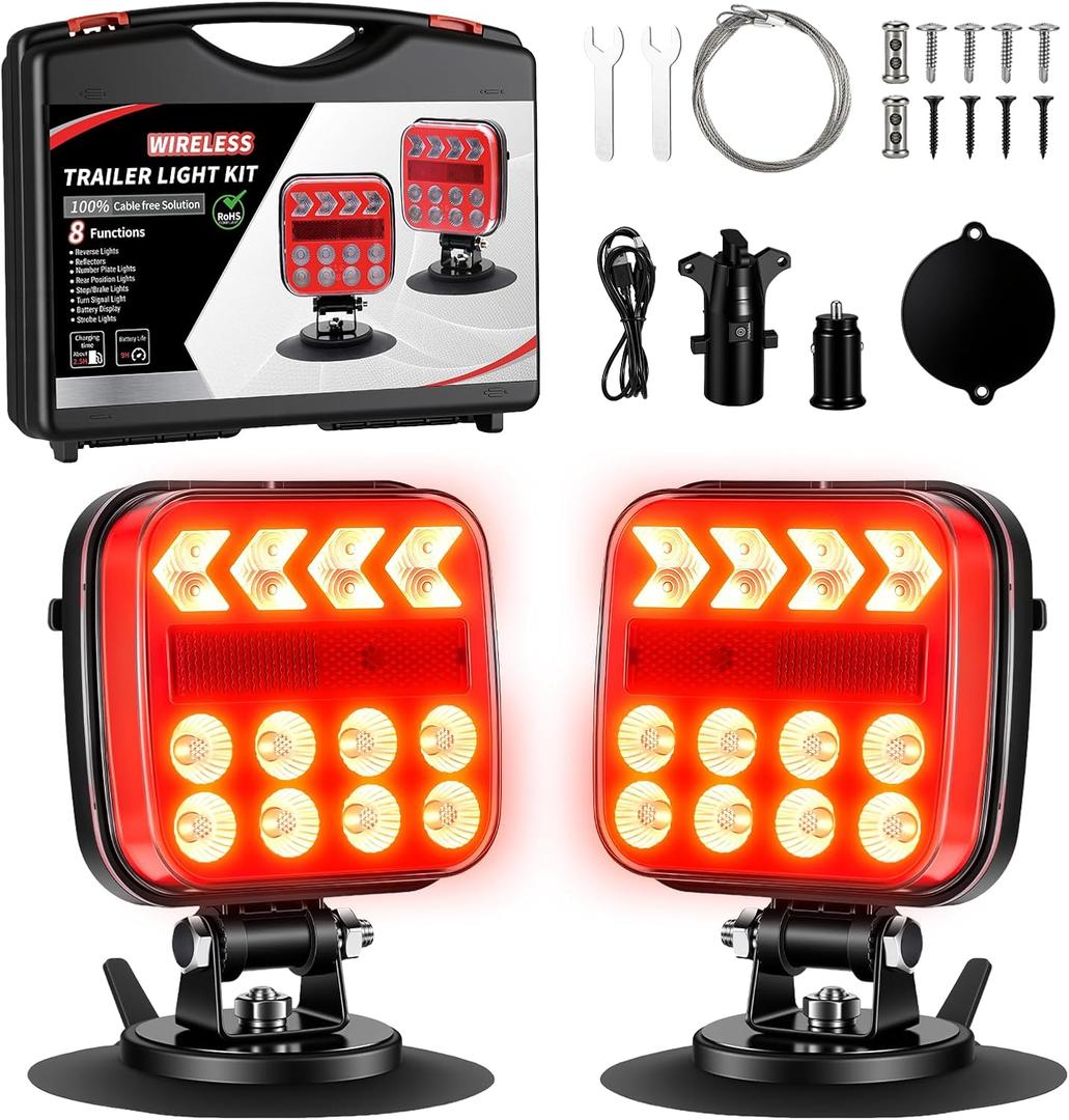 Wireless Trailer Lights - Adjustable Angle Strong Magnetic LED Trailer Light with Rechargeable, IP67 Waterproof, 6 Lighting Modes, Tail Light Covers for Vehicle, RVs, Trucks, Boats(Black)