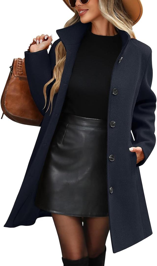 Women's Winter Single Breasted Pea Coat Casual Stand Collar Overcoat Work Office Classic Jacket with Pockets(Navy Blue, S)