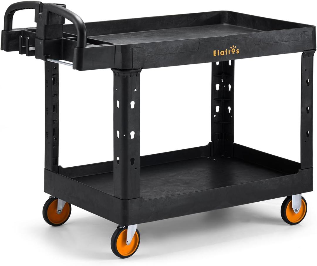 ELAFROS Extra Large Heavy Duty Plastic Utility Work Cart 43.5 x 24.6 Inch  2 Tier Work Cart with Deep Tub Shelves, Ergonomic Handle, 5 Inch Casters, 550 lbs Capacity, Black