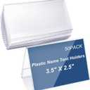 Vicenpal 50 Pieces Clear Plastic Name Tent Holders 3.5'' X 2.5'' Acrylic Name Plate for Desk PVC Table Tent Card Holder Desk Sign Frame for Office Table Business Conference School Meeting Room