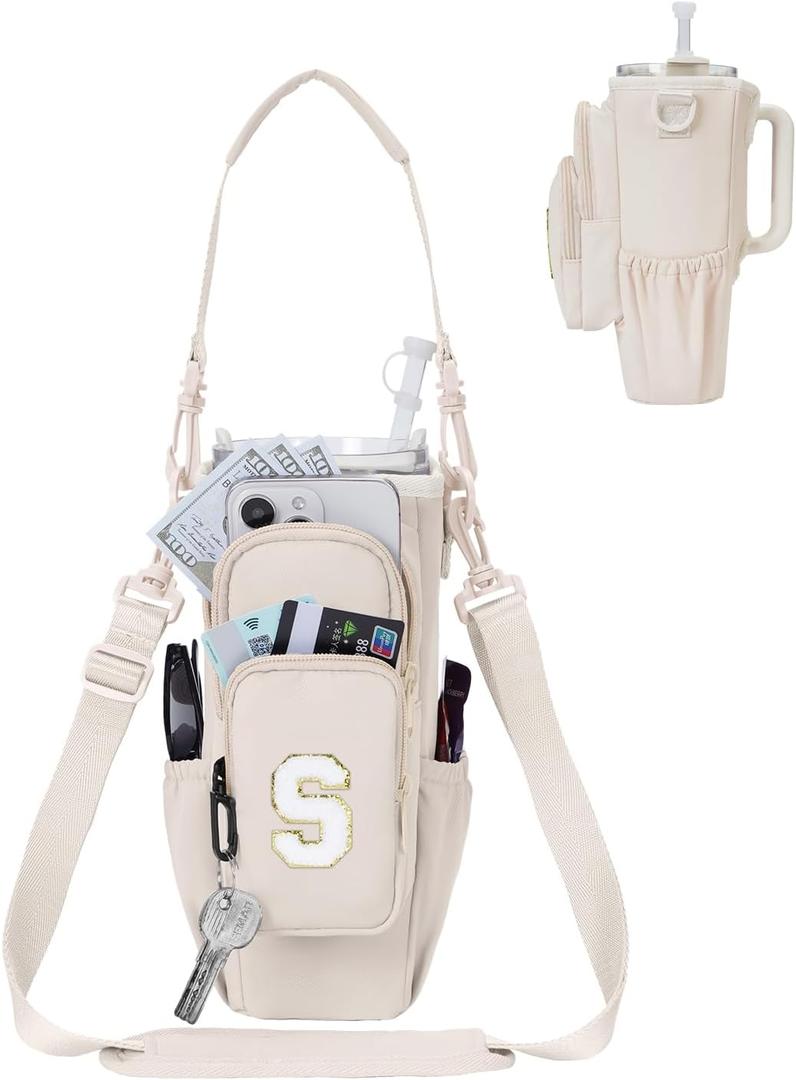 sportsnew Birthday Gifts for Women Personalized Initial Water Bottle Holder with Strap fits most 40oz Tumbler with Handle Water Bottle Carrier Bag with Phone Pocket & Straw Topper Tumbler Accessories (Beige)