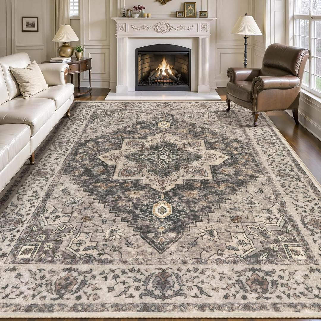 Tangsoo 8x10 Area Rugs for Living Room, Farmhouse Washable Rug Vintage Indoor Non Slip Large Area Rugs, Print Distressed Grey Carpet, Soft Low Pile Foldable Floor for Bedroom Dining Room Dorm Office