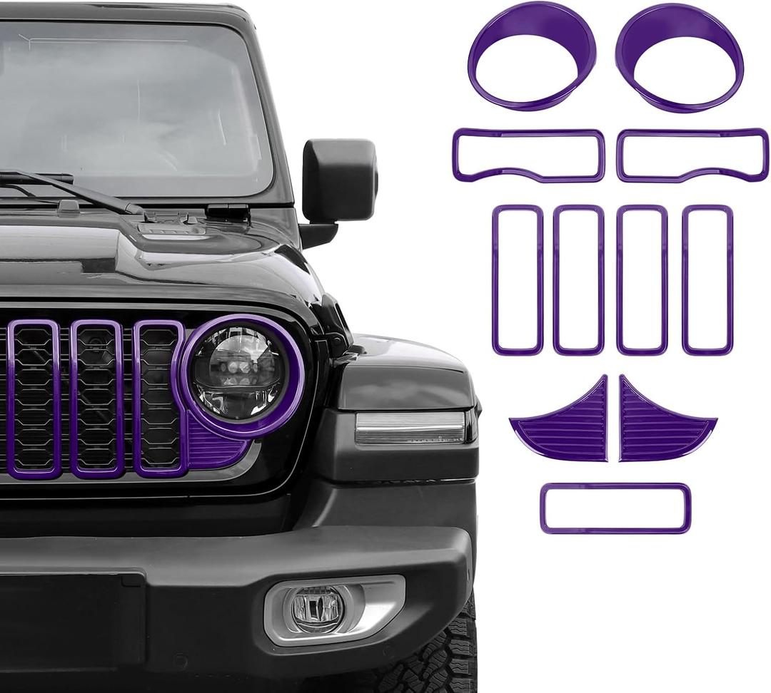 Front Grille Grill Insert+Headlight Turn Light Cover Trim Compatible with 2024-2026+ Jeep Wrangler JL JLU & Gladiator JT Exterior Accessories,Not Fit for JL Sport & Sports (Purple)