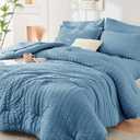HYMOKEGE Mineral Blue Full Size Comforter Sets Seersucker 7 Pieces, All Season Luxury Bed in a Bag for Bedroom, Bedding Set with Comforter, Sheets, Pillowcases & Shams
