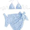 SHENHE Women's 3 Piece Textured High Cut Halter Triangle Bikini Swimsuit with Cover Up (Medium)