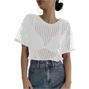 SHENHE Women's Striped See Through Mesh Crew Neck Short Sleeve Sheer Sexy Tee Top White Medium