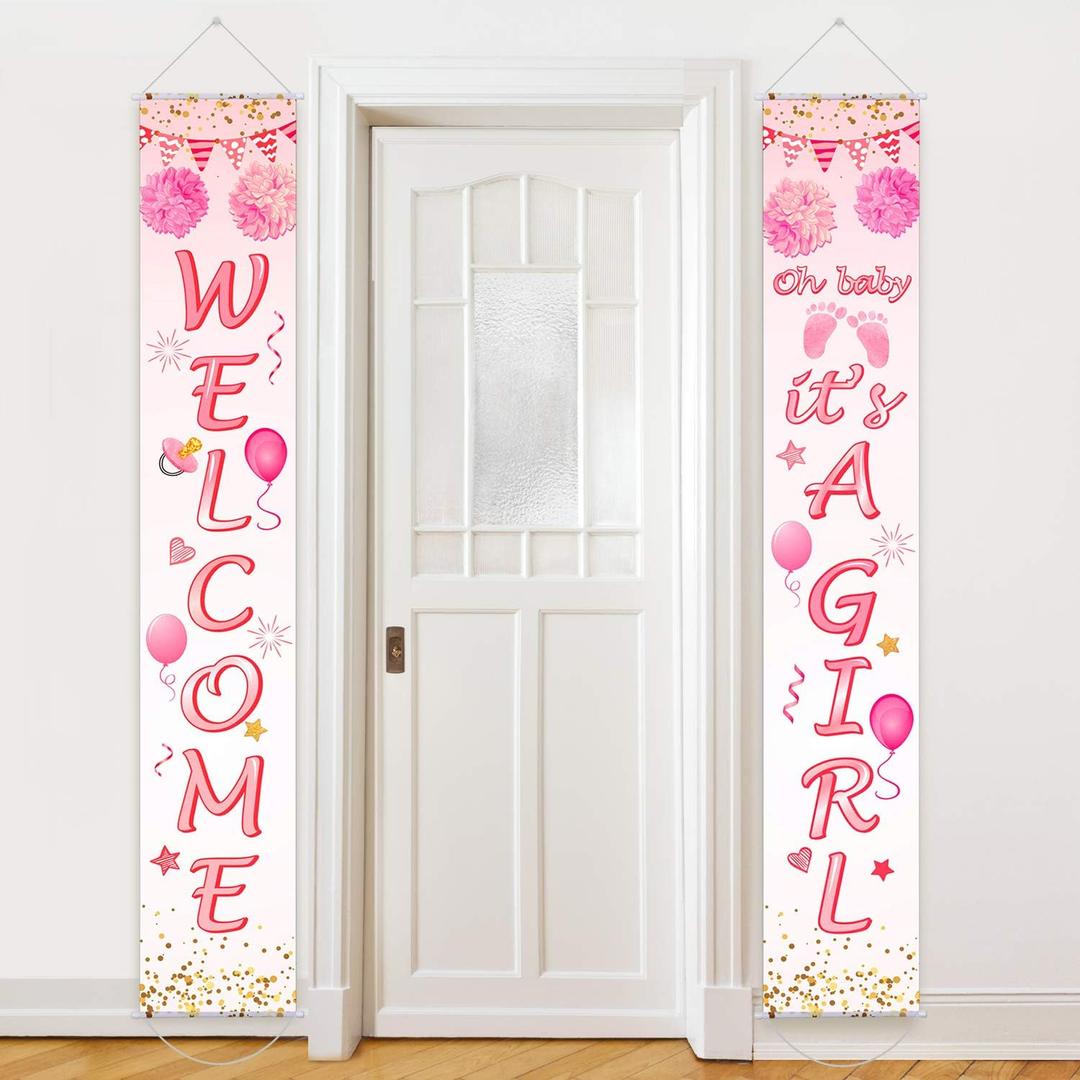 Blulu Baby Shower Decorations 71 x 12 Inch Welcome It Is a Girl Banner Backdrop Background Door Hanging Porch Sign for Baby Shower Gender Reveal Party Photo Prop Backdrop Supplies