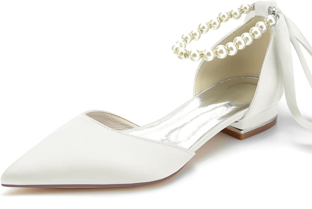Women's Pointed Toe Pumps Pearl Satin Wedding Shoes for Bride Flats Ankle Strap Bridal Shoes Formal Prom Party Dress Pumps Sandals (8.5, Ivory)