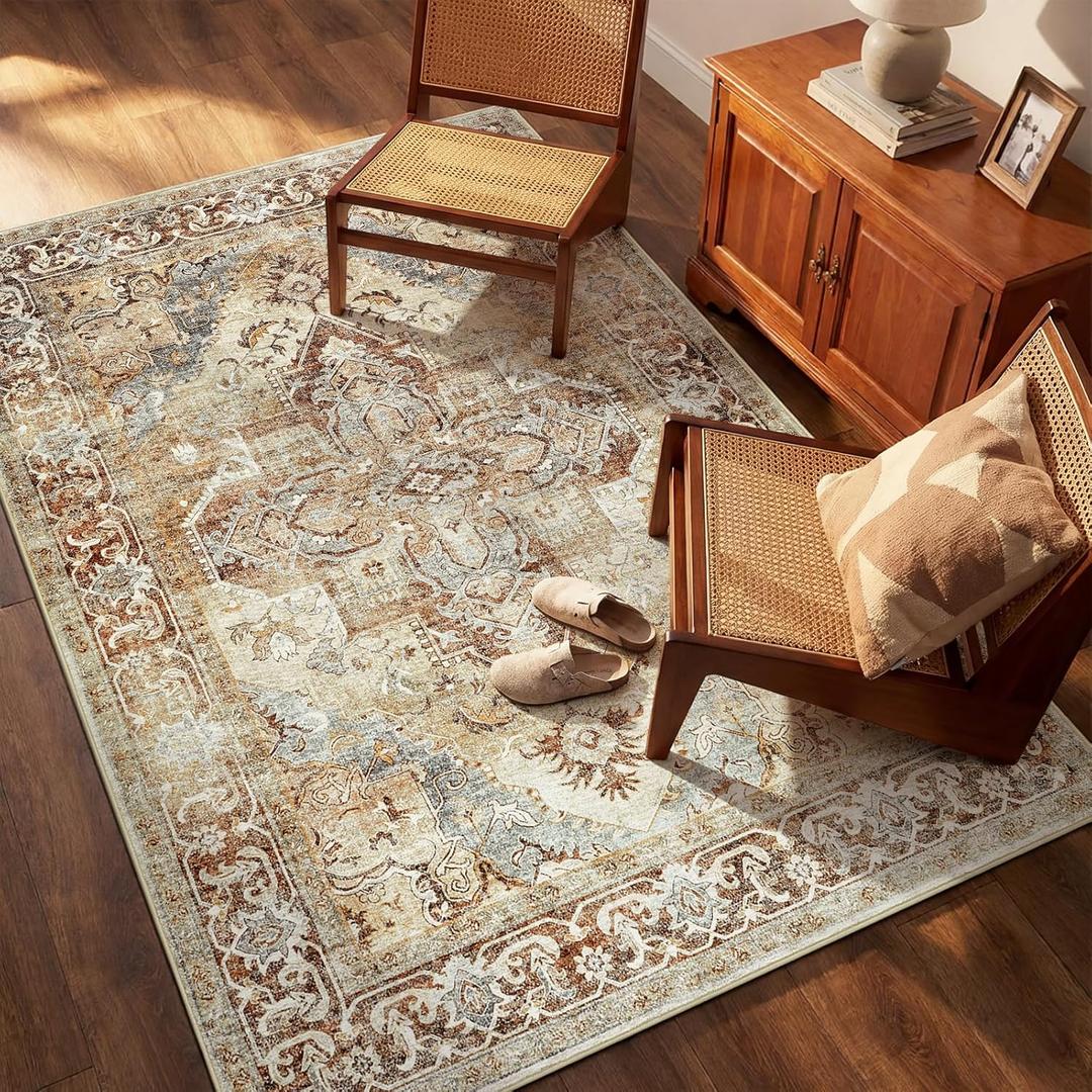 jinchan 5x7 Area Rug Vintage Washable Non-Slip Rug for Living Room Bedroom Dining Room Kitchen Home Office Thin Elegant Retro Lightweight Chenille Rug Warm Taupe