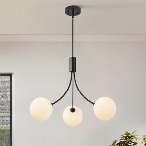 3-Light Modern Farmhouse Black Chandeliers for Entryway, Mid Century Milk Globe Sputnik Chandelier, Vintage Pendant Lighting for Kitchen Island Dining Room Foyer Bedroom Bathroom