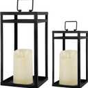 Modern Farmhouse Lantern Decor, 2Pcs Metal Candle Lanterns with Flameless Candles Black Decorative Lantern for Front Porch Covered Patio Dining Table Entryway Table Wedding Home Decor