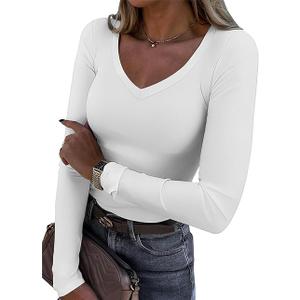 ATHMILE Womens Fall Deep V Neck Long Sleeve Shirts Modal Slim Fit Basic Tee Tops 2025, Size M