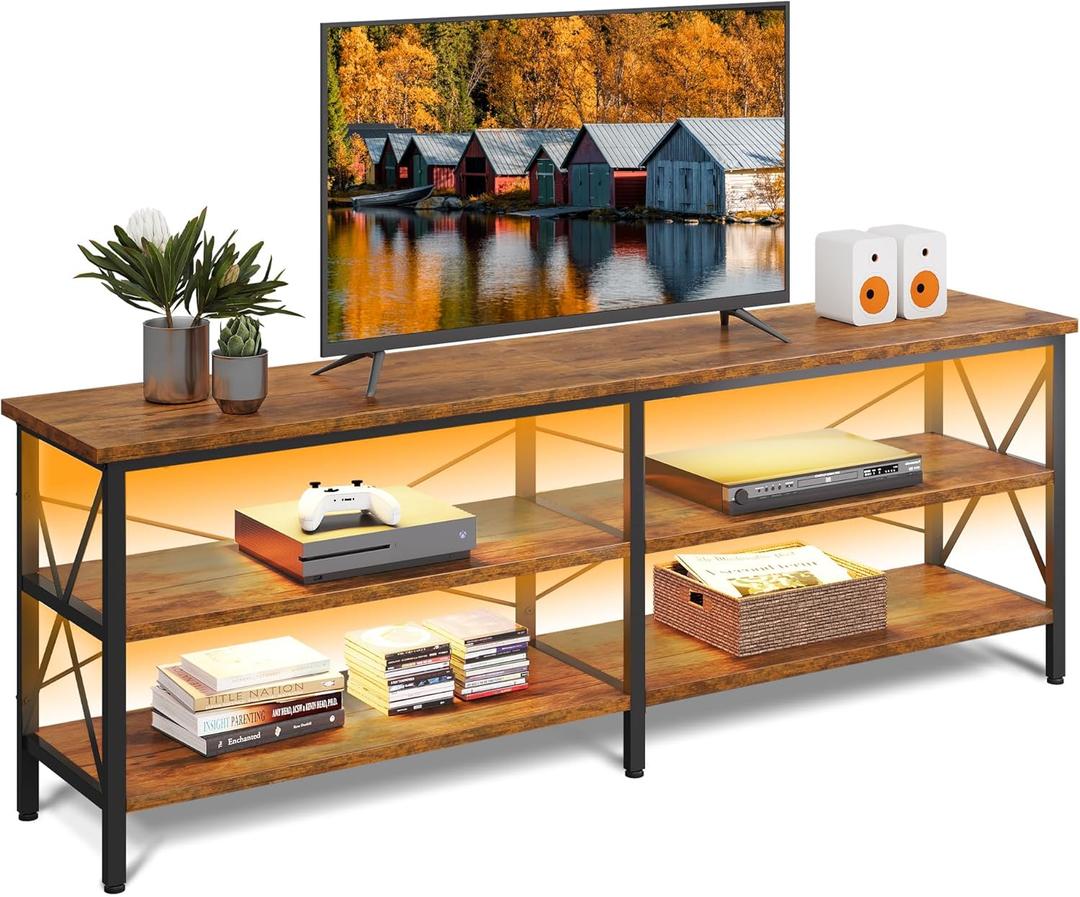 WLIVE TV Stand up to 70 Inch TV, 63" Entertainment Center with LED, TV Media Console with 3-Tier Storage Shelves for Living Room and Bedroom, Rustic Brown