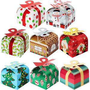 JOYIN 24 PCS 3D Christmas Goody Gift Boxes with Bow for Holiday Xmas Goodie Paper Boxes, School Classroom Party Supplies, Candy Treat Cardboard Cookie Boxes for Gift Giving (3.75 x 3.75 x 3.1)