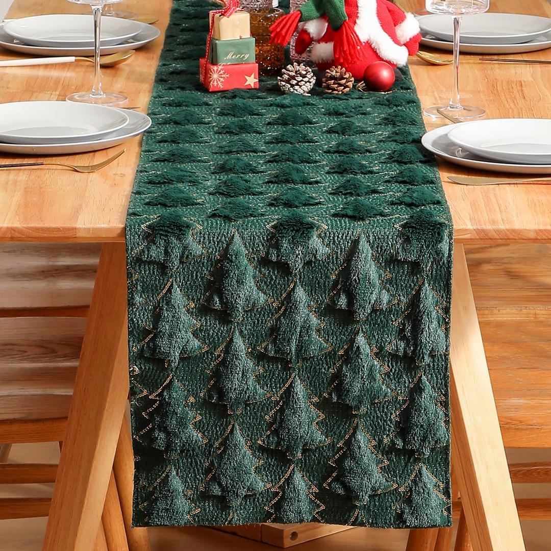 Christmas Table Runner, 13x72 Inch Xmas Trees Winter Holiday Decorative Farmhouse Table Decorations for Kitchen Dinning, Indoor Outdoor Dinner Party Dcor (Green)