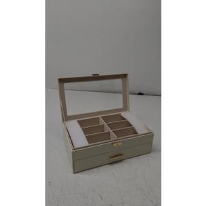 Jewelry Box Organizer for Women Girls, 2 Layer PU Leather Jewelry Storage Case with Glass Lid & 1 Drawer, Large Jewellery Display Holder for Necklaces Rings Earrings Bracelets, Apricot