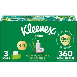 Kleenex Lotion Facial Tissues with Coconut Oil, 3 Flat Boxes, 120 Tissues Per Box, 3-Ply (White)
