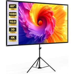 Portable Projector Screen with Stand, TWjouko 80 Inch Projection Screen, Tripod PVC Projector Screen with Carrying Case for Indoor&Outdoor Movie Night, Wrinkle-Free,16:9,4K HD