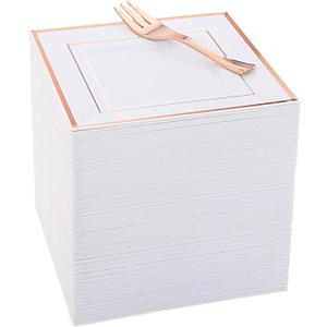 WDF 86pcs Rose Gold Dessert Plates 6" with 86 Pieces Disposable Forks 5", Elegant Square Appetizer Small Plastic Plates for Mother's Day, Wedding