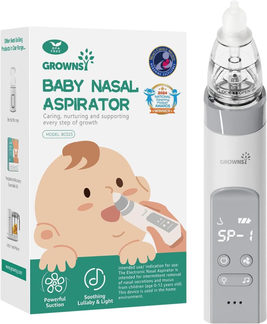 GROWNSY Nasal Aspirator for Baby, Baby Nose Sucker Pro with 3 Soft Silicone Tips, Adjustable Suction, Electric Nose Suction for Baby, Built-in Music & Light Soothing