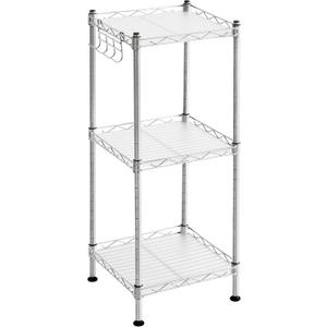 SONGMICS 3-Tier Bathroom Shelf, Storage Rack for Small Space, with 3 PP Shelf Liners, Removable Hook, Extendable Design, Silver and Translucent ULGR103E01