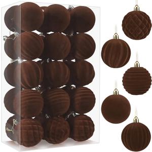 30pcs Velvet Christmas Ornaments Balls, 2.36 Inch Flocked Brown Shatterproof Baubles with Hanging Strings, Elegant Velvet Ball Ornaments for Xmas Tree, Holiday Party & Home Dcor (Brown)