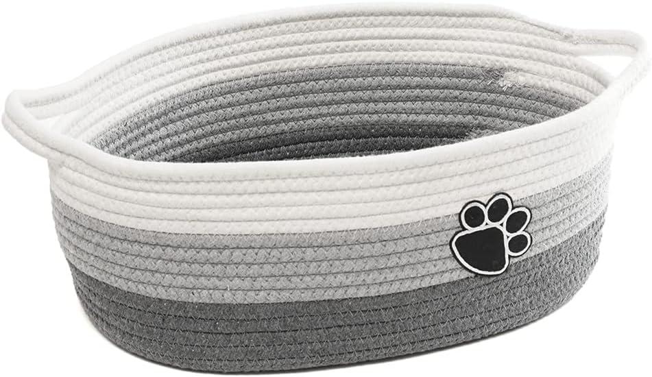 Small Woven Baskets for Organizing Rope Storage Basket with Handle Cute Cotton Basket for Nursery Gift Dog Toy Storage Bins for Toy Organizer Grey-White, 15"D x 15"W x 6"H