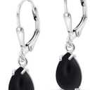 925 Sterling Silver Gemstone Teardrop Earrings for Women  Birthstone Leverback Jewelry  Elegant Statement Earrings  Perfect Gift for Women (Onyx)