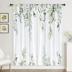 Visioun Farmhouse Eucalyptus Black Leaves Window Curtains 29x63 Inch for Bedroom Living Room Decor Boho Rustic Floral Flower Botanical Retro Spring Window Drapes Fabric Treatment Rod Pocket(2 Panels)