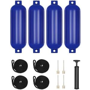 Boat Fenders, Boat Bumpers 4 Pack for Docking with 4 Ropes, 1 Air Pump and 4 Needles, Inflatable Ribbed Marine Pontoon Boat Fenders Bumpers