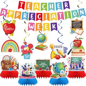 Teacher Appreciation Banner Decorations - 15 Pcs Happy Thank You Teachers Day Week Party Supplies Pre-strung Banners Hanging Swirls Honeycomb Centerpieces Decor Set for School Classroom