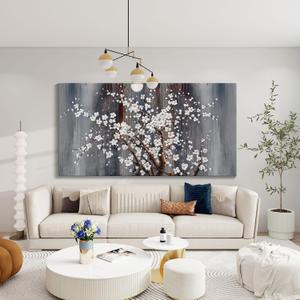AJAZIKO Wall Art for Living Room Large Modern Wall Decor Canvas Paintings for Wall Decorations White Flower Brown Bedroom Office Artwork Plum Blossom Art Prints Framed (40"L x 20"W, Gray)