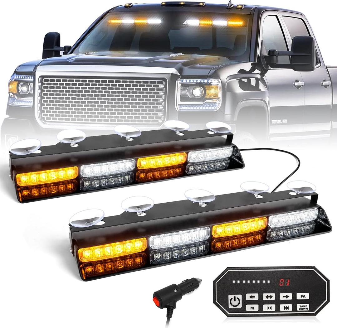 HLauto 604N Emergency Dash Strobe Lights w/Controller: 2x16.8 inch Amber White Security Light w/Take Down, 48 LED Safety Flashing Warning Hazard Interior Windshield Light Bar for Truck Vehicle