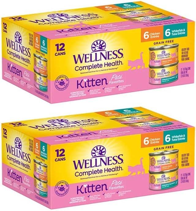 Wellness Complete Health Kitten Whitefish & Tuna and Chicken Variety Pack Pate Wet Cat Food, 3 oz can, (Pack of 24-2 of 12x3oz/case), BB, 25/SEP/2028