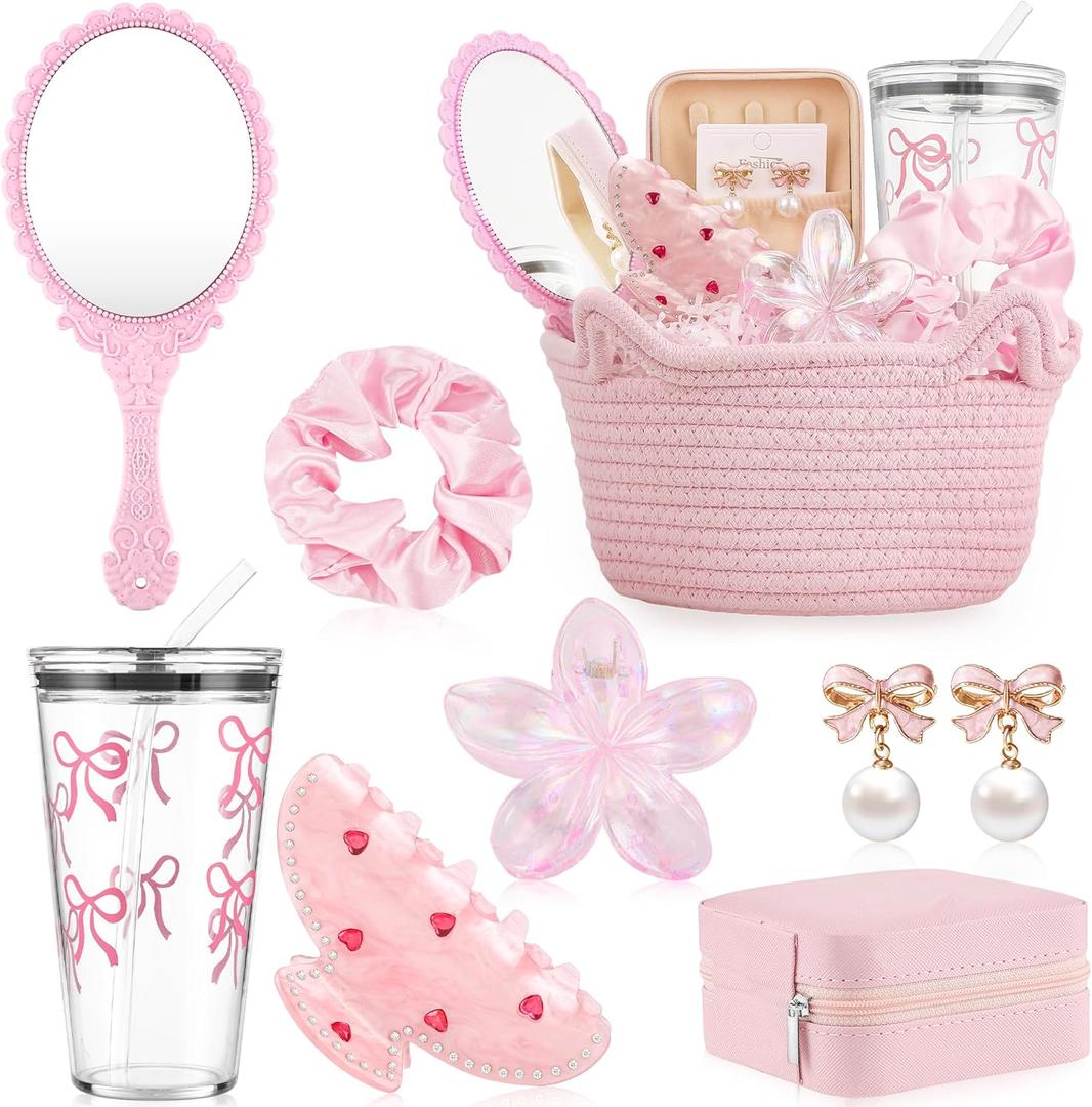9Pcs Valentine's Day Basket Gifts for Her, Pink Woven Basket Birthday Gift Set Include Woven Basket, Cup, Earring, Flower Clip, Valentine Gift Stuffers for Mom Wife Daughter Teen Girlfriend