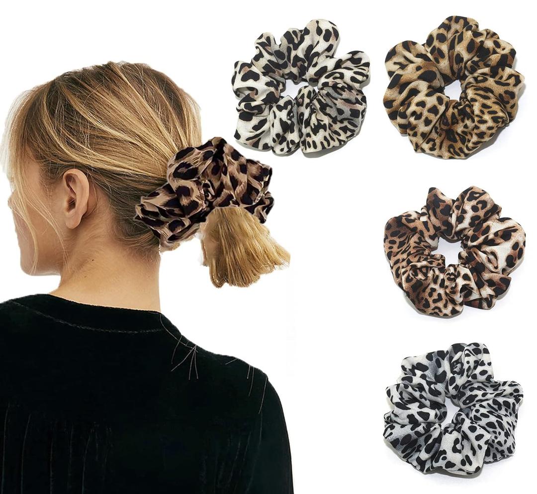 Leopard Print Hair Accessories Bundle - Ring, Elastic Band, Head Flower, Hair Rope for Women or Girls (Pack of 4)