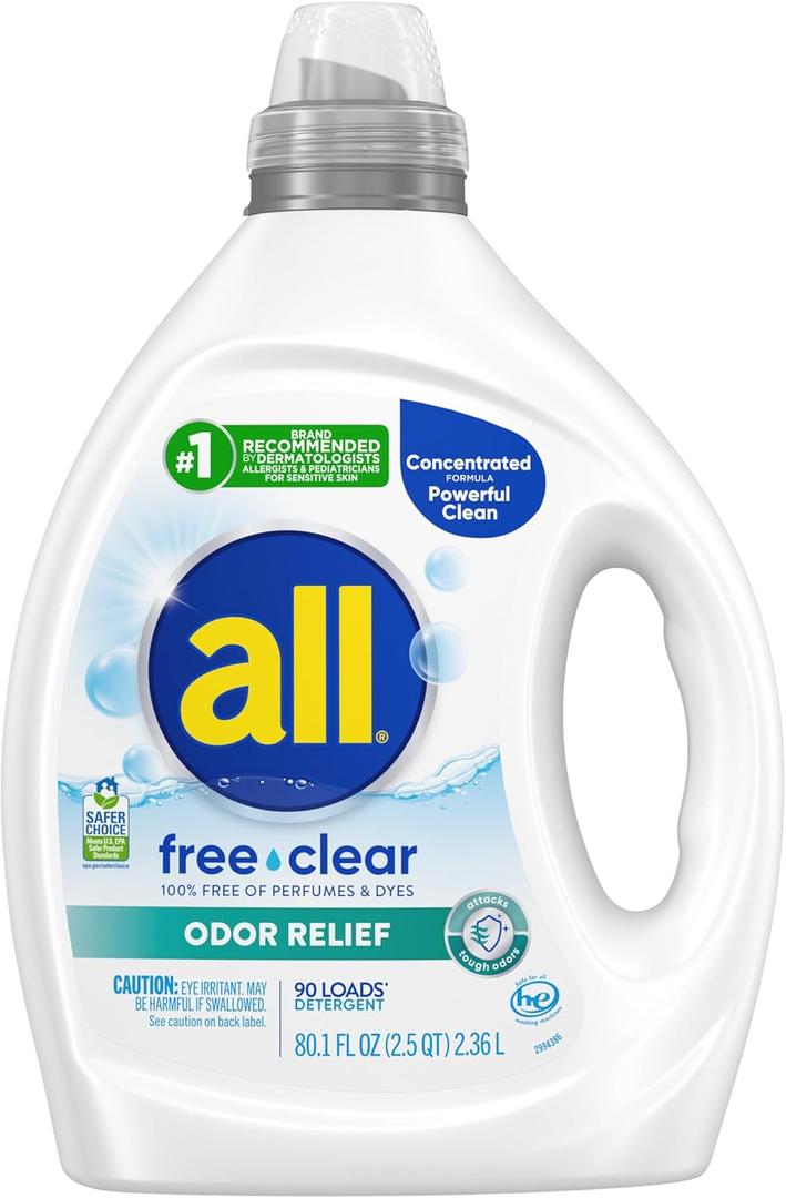All Laundry Detergent Liquid, Free Clear for Sensitive Skin, Odor Relief, Unscented and Hypoallergenic, 2X Concentrated, 90 Loads