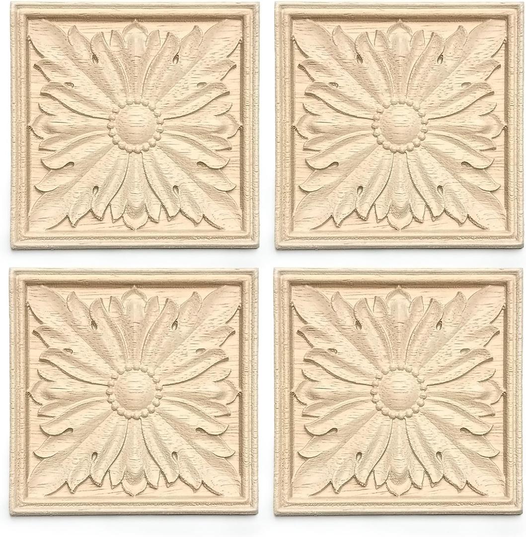 4 Pcs Decorative Wood Flower Carved Appliques Onlays, 3.9 x 3.9inch Unpainted Solid Wood Square Carving Decal for Furniture Cabinet Closet Decoration (3.9inch-4pcs-Type2)