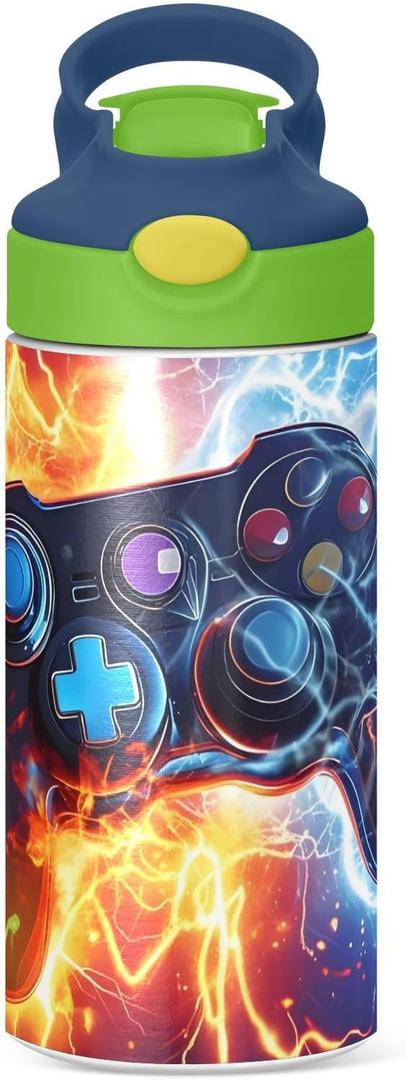 Game Controller Fire Electric Spark Kids Water Bottle with Straw Lid Insulated Tumbler with Handle Stainless Steel Reusable Toddlers Cup for Kids Boys 12 oz Multi28
