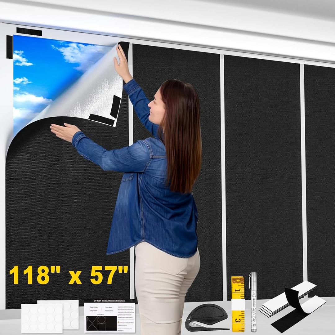 100% Blackout Window Cover, 118x57 Inch Portable Blackout Blinds, No Drill Privacy Blackout Shades, Cuttable Temporary Black Out Curtains for Bedroom Travel Dorm Home Nursery RV Media Room Darkening