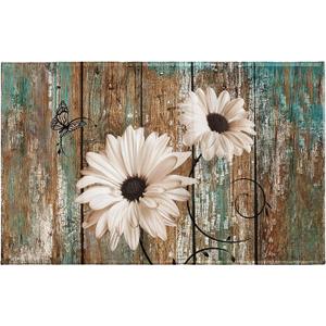 Rustic Daisy Bath Rug White Sunflowers on Vintage Wood Board Bathroom Mats Country Style Antique Wooden Flower Non-Slip Bathroom Rugs 32"x20" for Shower Room Bathtub Kitchen Sink