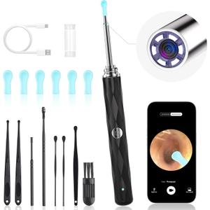High-Definition Ear Wax Removal, Wireless Ear Cleaner, Safe and Gentle Ear Wax Removal Kit, Rechargeable Ear Cleaner with Camera and Light, Ear Cleaning Kit for Android and iOS (Black)