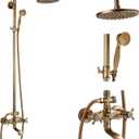 gotonovo Exposed Bathroom Shower Faucet Wall Mounted Shower System 8 Inch Shower Head and Tub Spout Double Cross Handles Adjustable Handheld Sprayer Straight Pipe Antique Brass