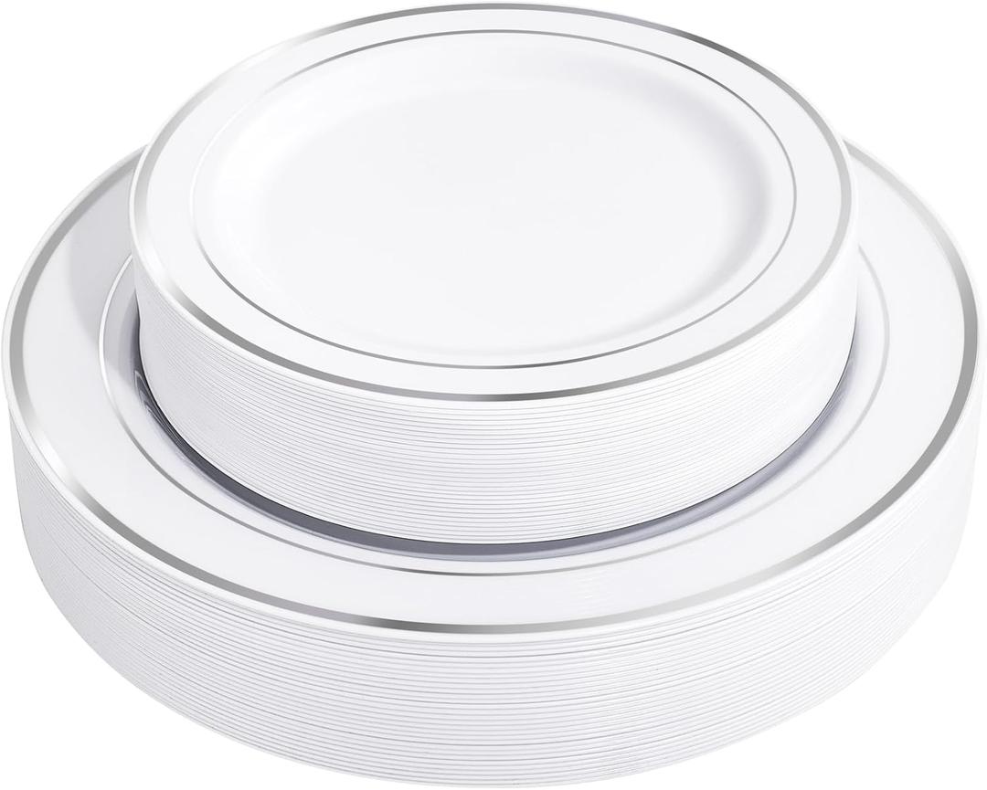 FLOWERCAT 60PCS Silver Plastic Plates - Heavy Duty White and Silver Plastic Plates Disposable - Include 30PCS 10.25inch Dinner Plates and 30PCS 7.5inch Dessert Plates for Wedding&New Year&Birthday (Sliver)